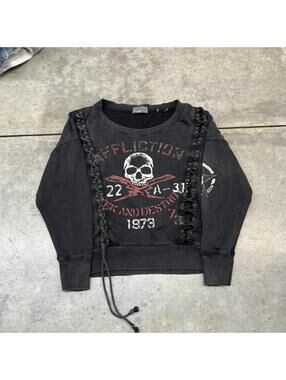 vintage affliction seek and destroy faded black skull shirt size medium WOMENS